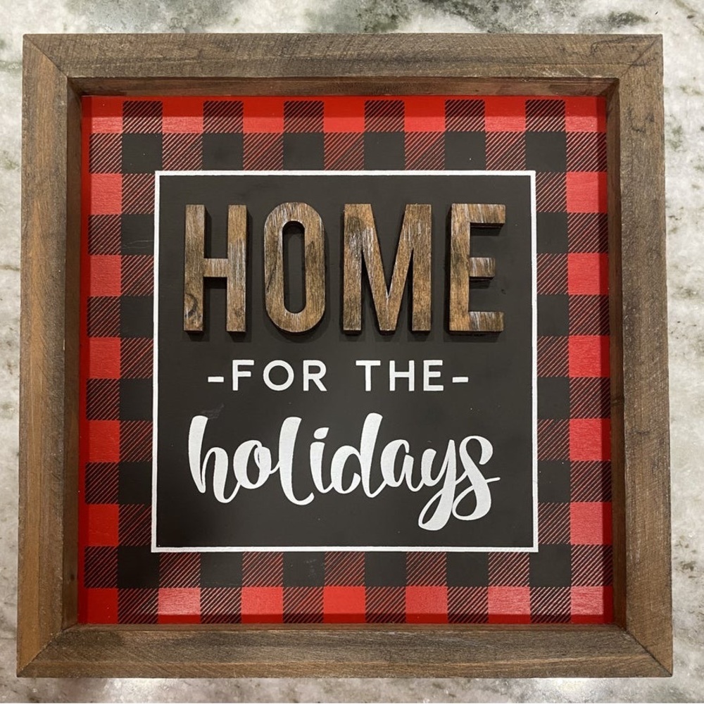 Home For The Holidays 3D Red Plaid Framed Sign  8" x 8"